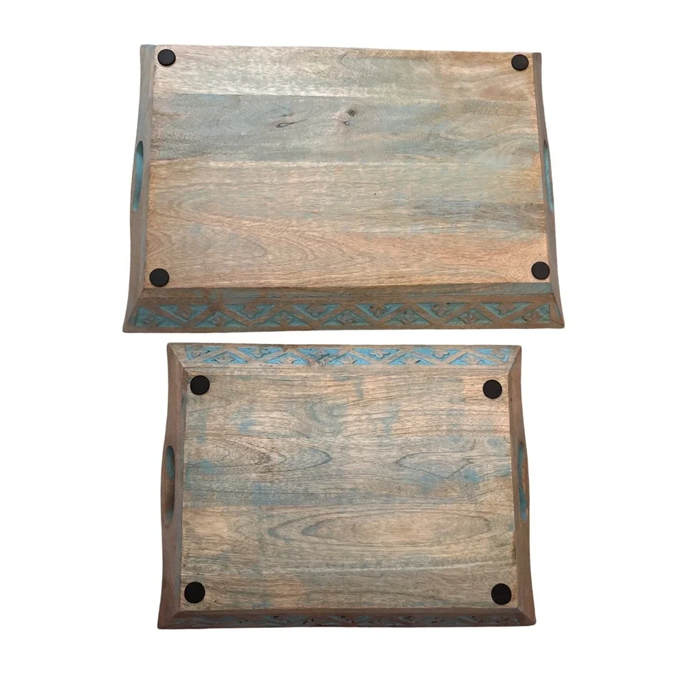 Hand Carved Wooden Nesting Tray Set Distressed Teal Blue‎ Rustic Decorative 2pc
